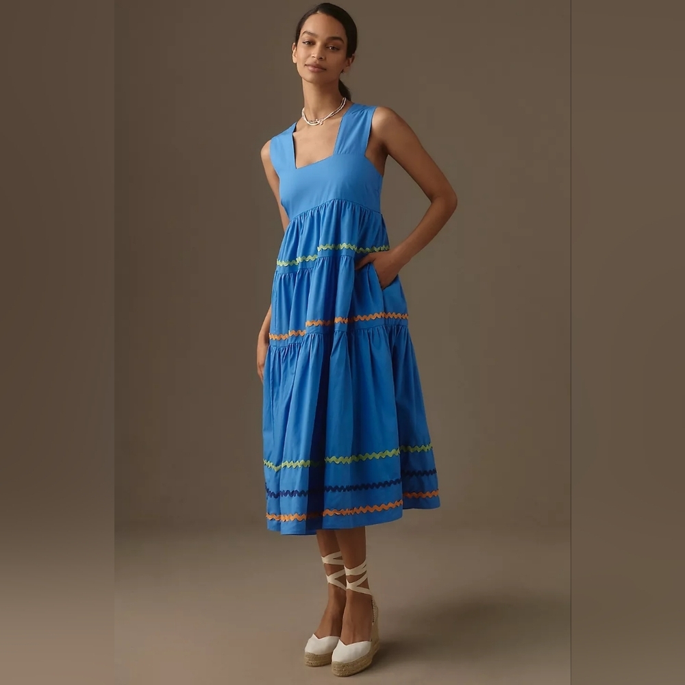 Anthropologie Blue Midi Dress with Multicolor Accents